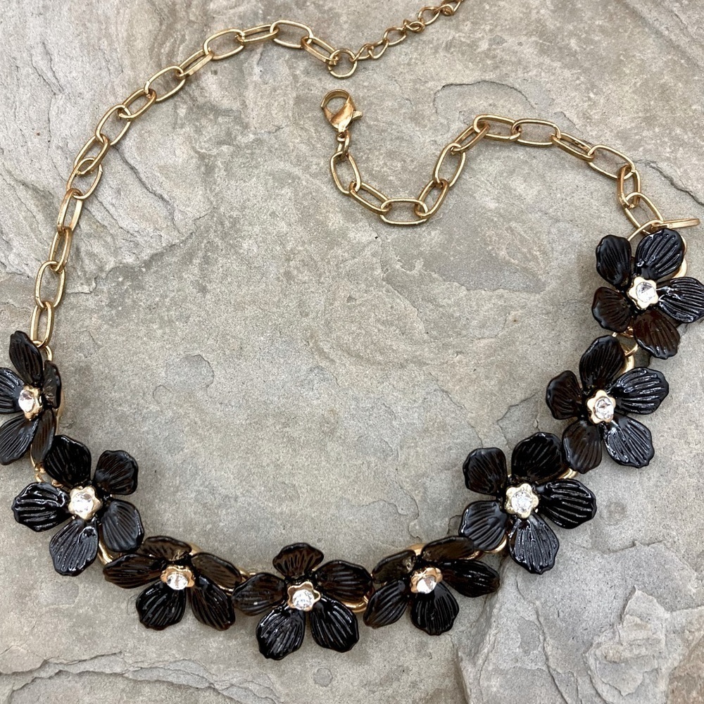 Black painted‎ flower with crystal center and gold tone chain choker Necklace
